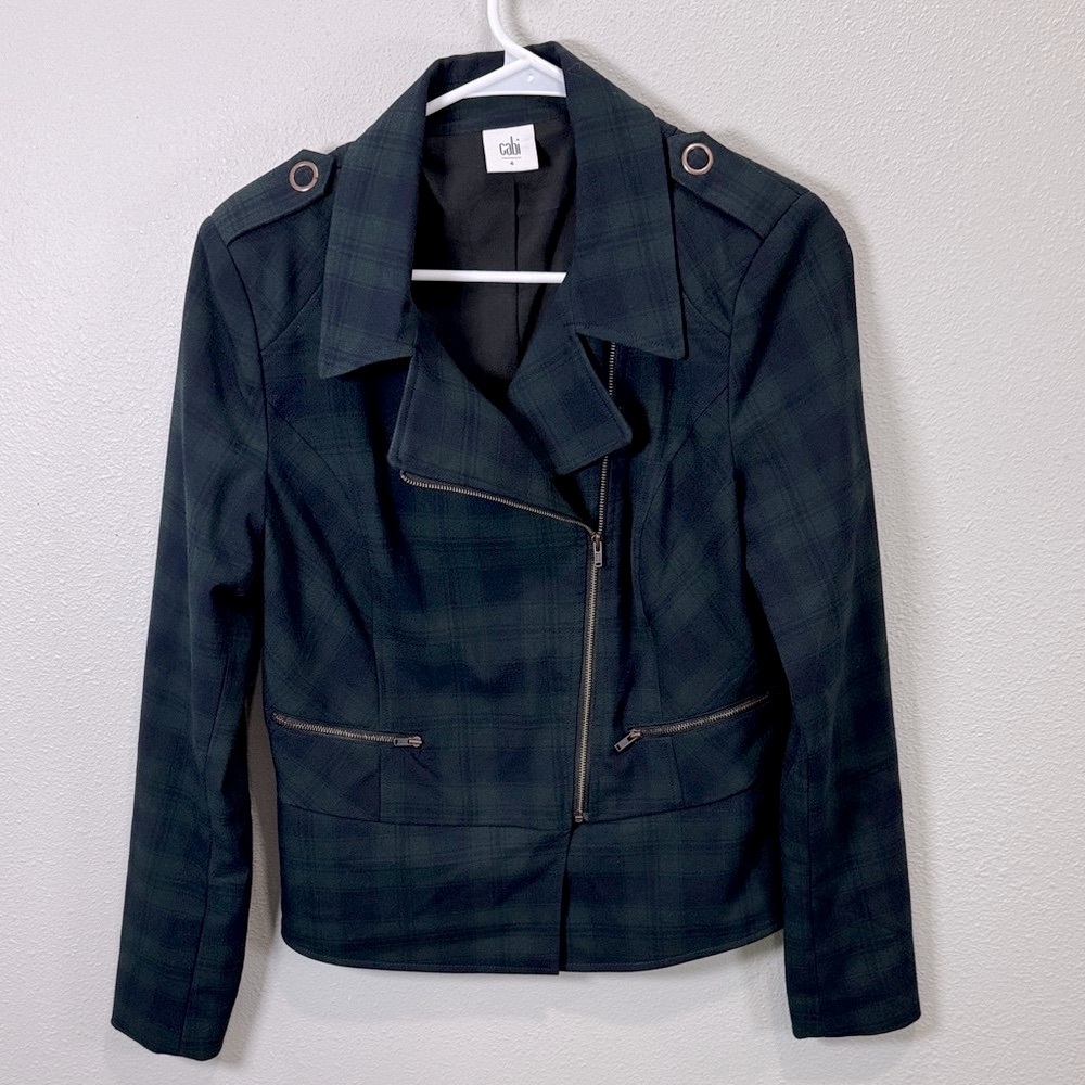 CAbi #3181 Tartan Plaid Asymmetrical Zip Moto Jacket‎ in Green & Navy